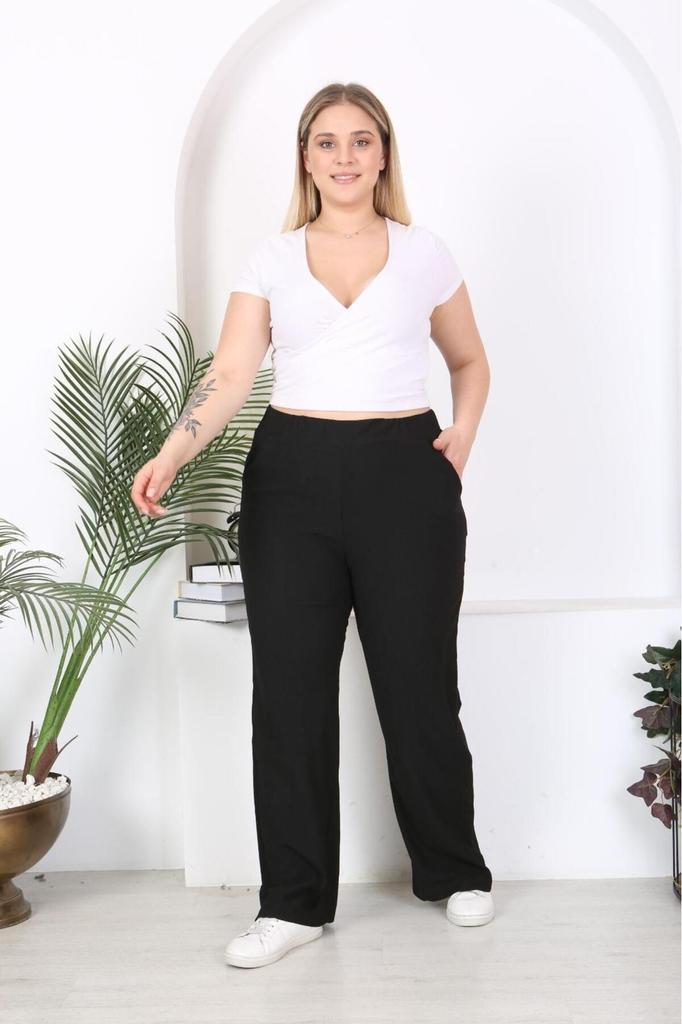 Женские брюки больших размеров, черные свободные брюки из ткани с рюшами