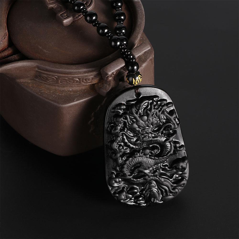 Подарок для мужчин Мода Женщины Камень Веревка Черный Резной Натуральный Обсидиан Подвеска Ожерелье Тотем Дракона