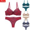 New 2021 Sexy Lace Women Bra Set Solid Push Up Bra Panty Set Red Green Beige Bra Panty Set