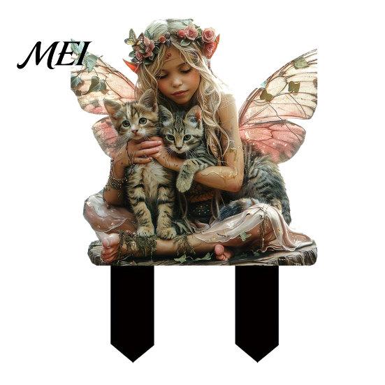 Fairy And Cat Statue Garden Stake, Cats Shape with 2D Printing, Waterproof Potted Plant Decoration Acrylic Realistic Outdoor Decoration, for