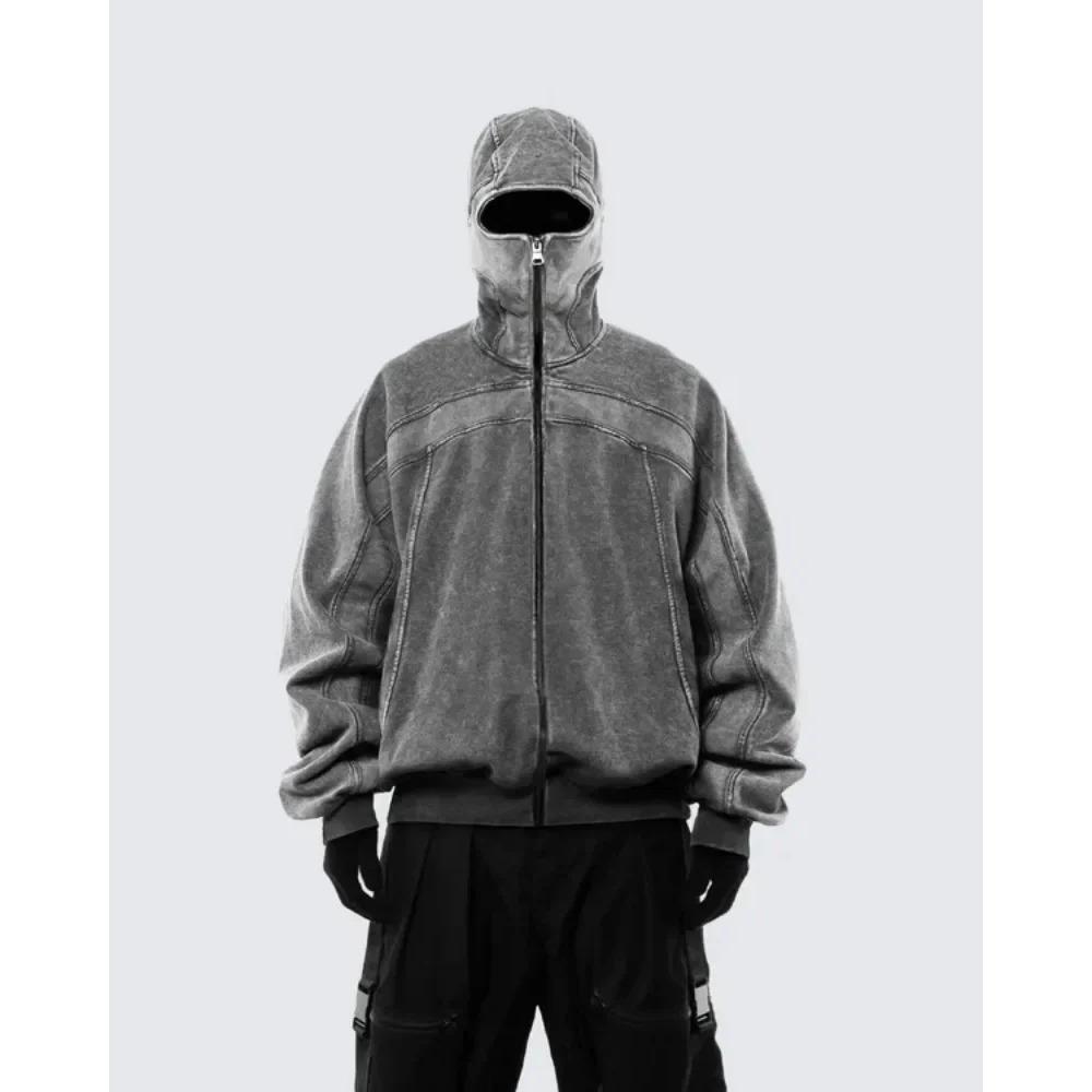 Худи-балаклава RogueWave Classic для мужчин, выстиранный серый, пуловер-свитшот в стиле ниндзя, хип-хоп, с вставками, y2k, винтажный, зимний, уличная одежда, парные топы