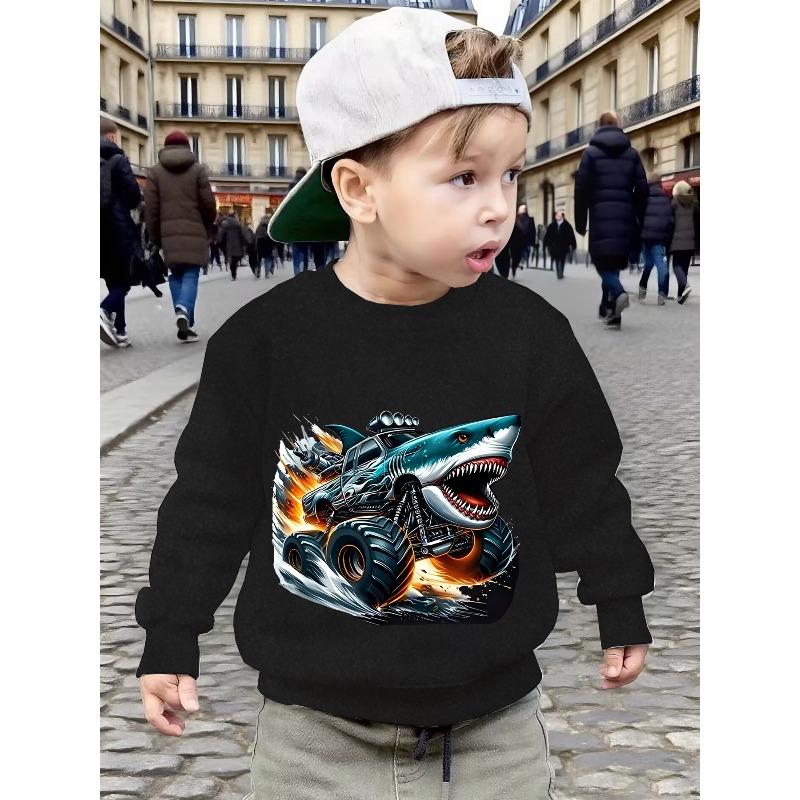 New Kids' Ultra-Cool Shark Crewneck Sweatshirt Pullover, Autumn/Winter Fashion Harajuku Style Children's Daily Holiday