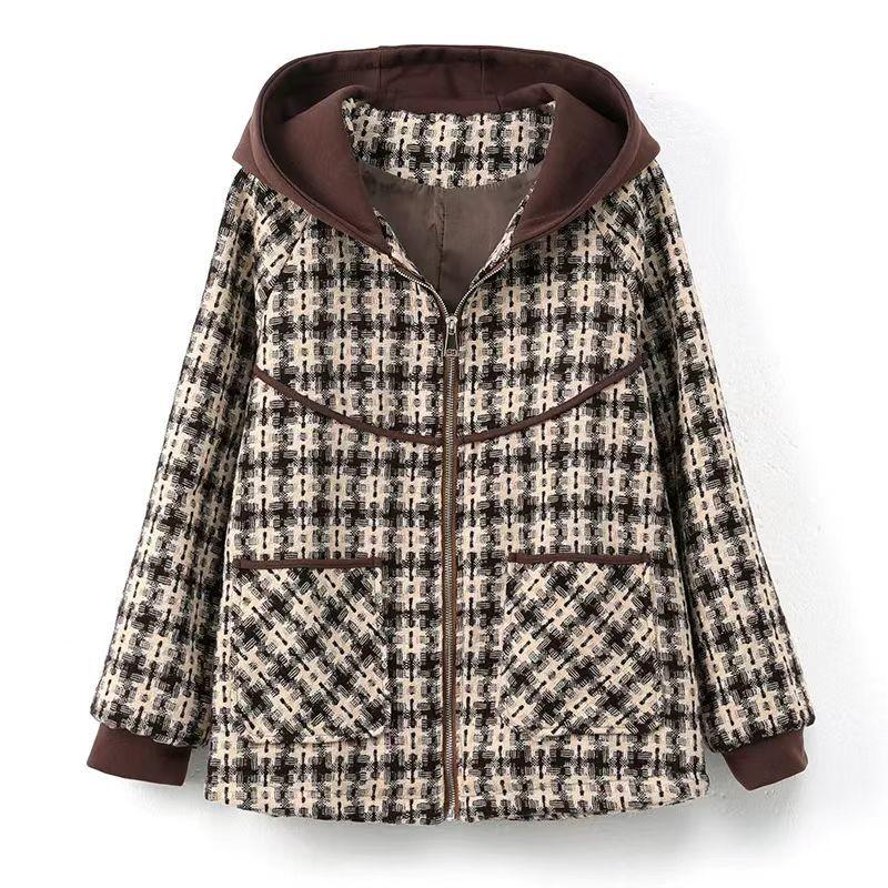 Chic Spring Hooded Checkered Coat Women Short Jacket Middle Aged Mom Fashion Casual Outerwear