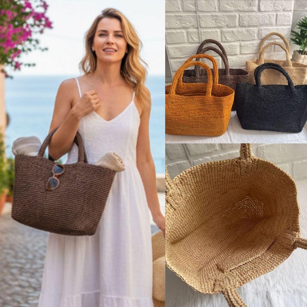 New Handmade Raffia Straw Bag Straw Material Woven Design Woven Beach Bag Double Handles Straw Shoulder Bag For Women