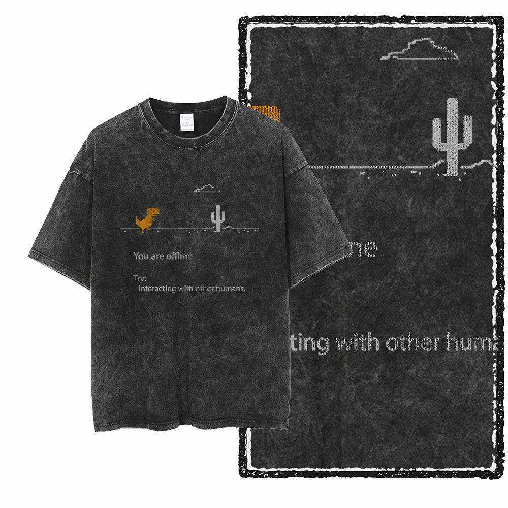 ZH DINO GAME THEME Printed Cotton Acid Washed Exclusive Graphic Unisex T Shirt Cool Streetwear Men Tshirts Big Size Tee for men