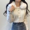 Осенне-зимний вязаный кардиган, свитер 2023, женское модное пальто с меховым воротником, короткий топ, винтажные толстые укороченные свитера 29234