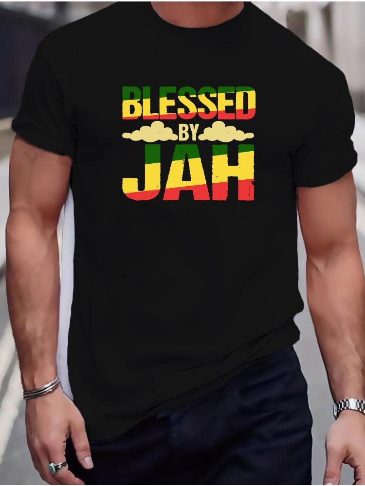 Unisex Summer Gray Short Sleeve Tee Blessed By Jah Rasta Color Text Print Crew Neck Loose Reggae Male Casual Top