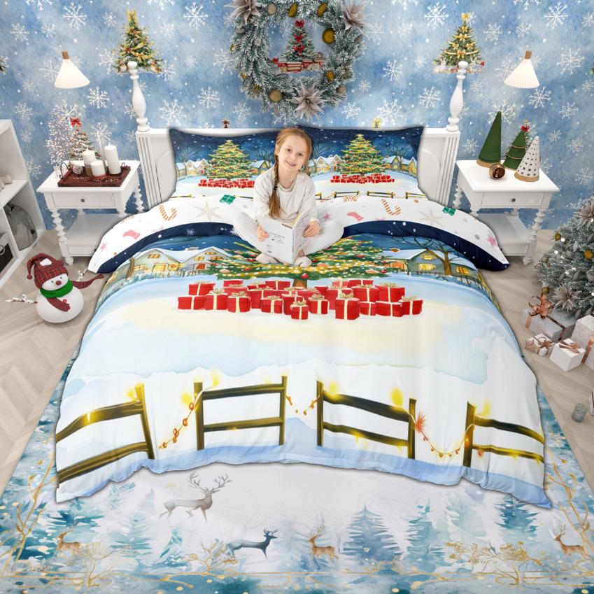 Homewish Christmas Tree Duvet Cover Set for Children, Xmas Gingerbread Bedding Set, Santa Claus Comforter Cover Set