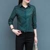 Women's Spring Autumn Korean Green Red Tops Ladies Long Sleeve Office Lapel Collar Chiffon Striped Shirt