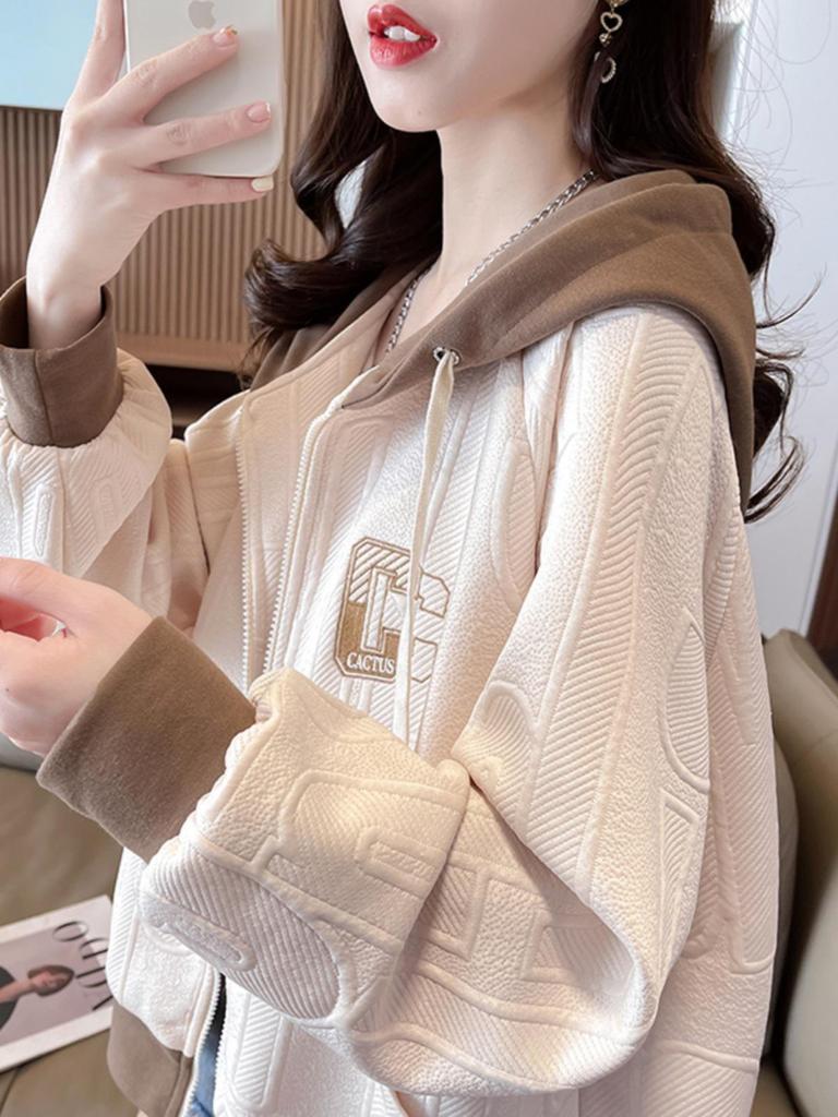 Женская повседневная куртка с капюшоном в стиле колор-блок - Корейский стиль, Легкая, Свободного кроя, Миниатюрная, для Весны/Осени 2025.