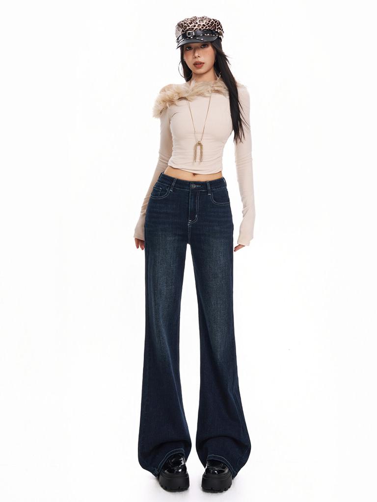 American style non-stick leg micro-horn jeans women's autumn and winter new medium and high waist elastic straight versatile and thin pants