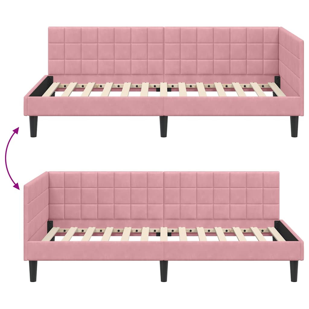 L shaped bed frame with headboard pink 100 cm x 200 cm velvet