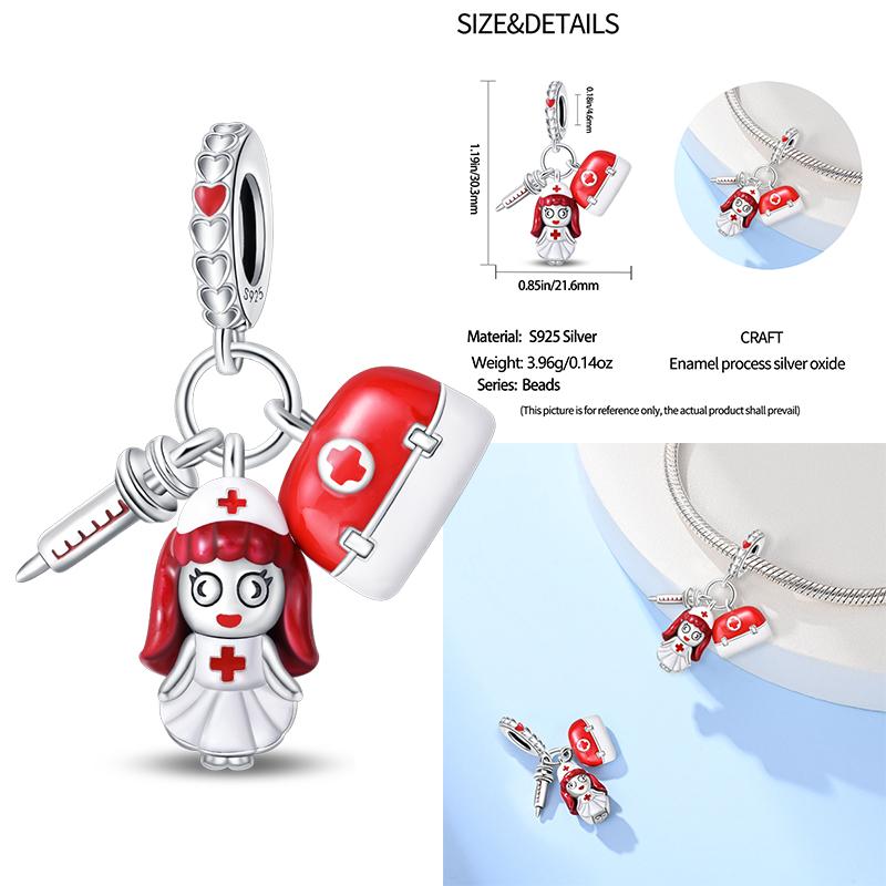 Медицинская коробка Шапочка медсестры Шармы-сердечки Зуб Стетоскоп Бусины Подходят для оригинального браслета 3 мм Женские Медные Изысканные Шармы Ювелирные изделия Подарки