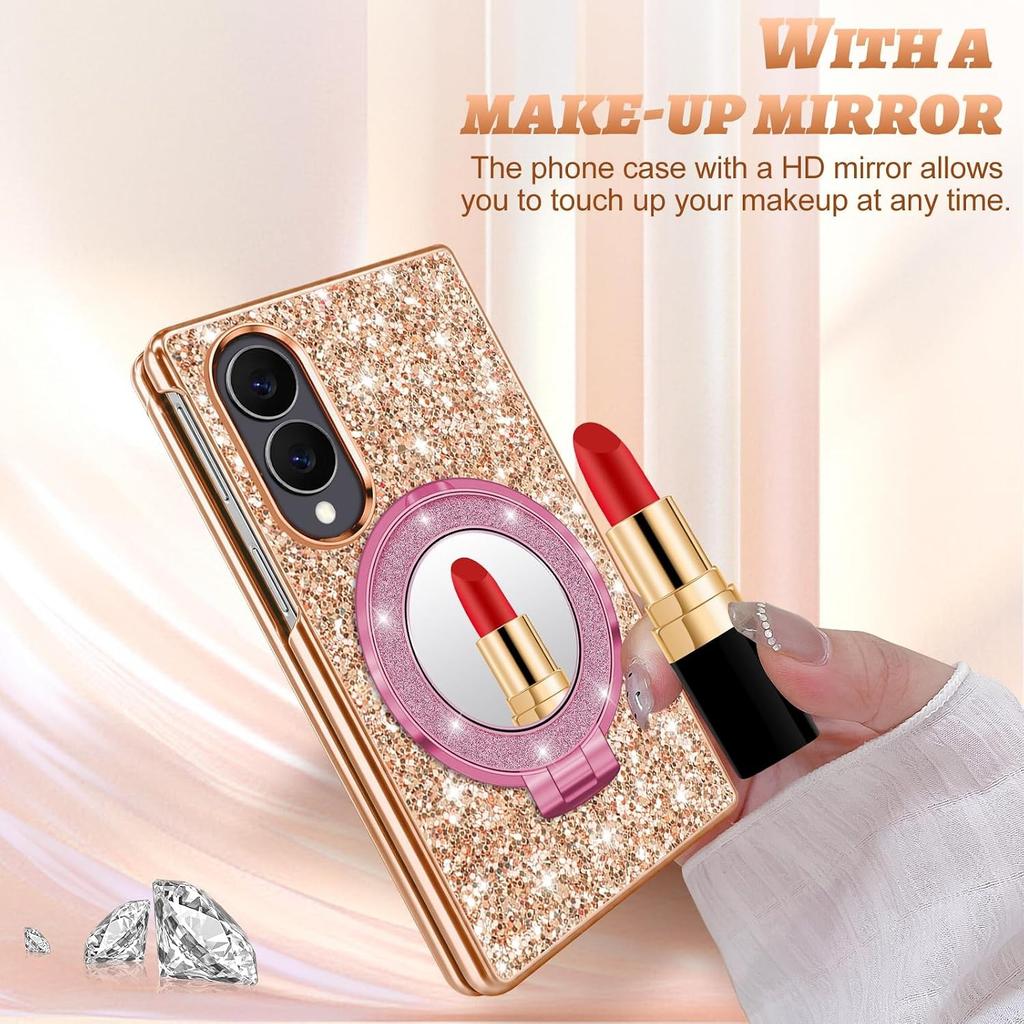 Luxury Bling Glitter Magnetic Stand Holder Bracket Case for Samsung Galaxy Z Fold 8 Ultra Fold8 Plating Mirror Bracket PC Cover