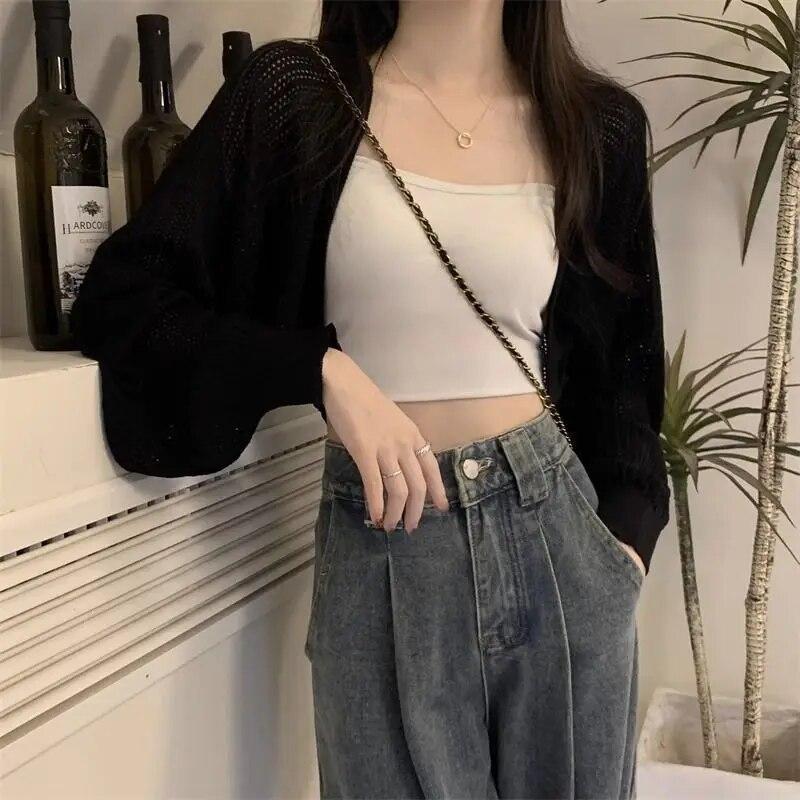White Hollowed Out Knitted Cardigan Sweet Versatile Women Short Top Loose Shawl Thin Coat New Fashion Commuting Spring Autumn