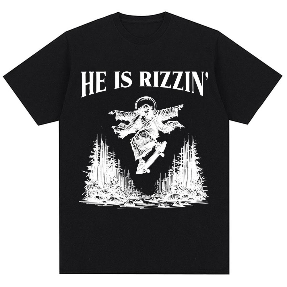 Vintage Funny He Is Rizzin Meme T Shirt Jesus Skateboarding T Shirts Unisex Unisex Christian Religious Loose Cotton Tee Shirts Gifts