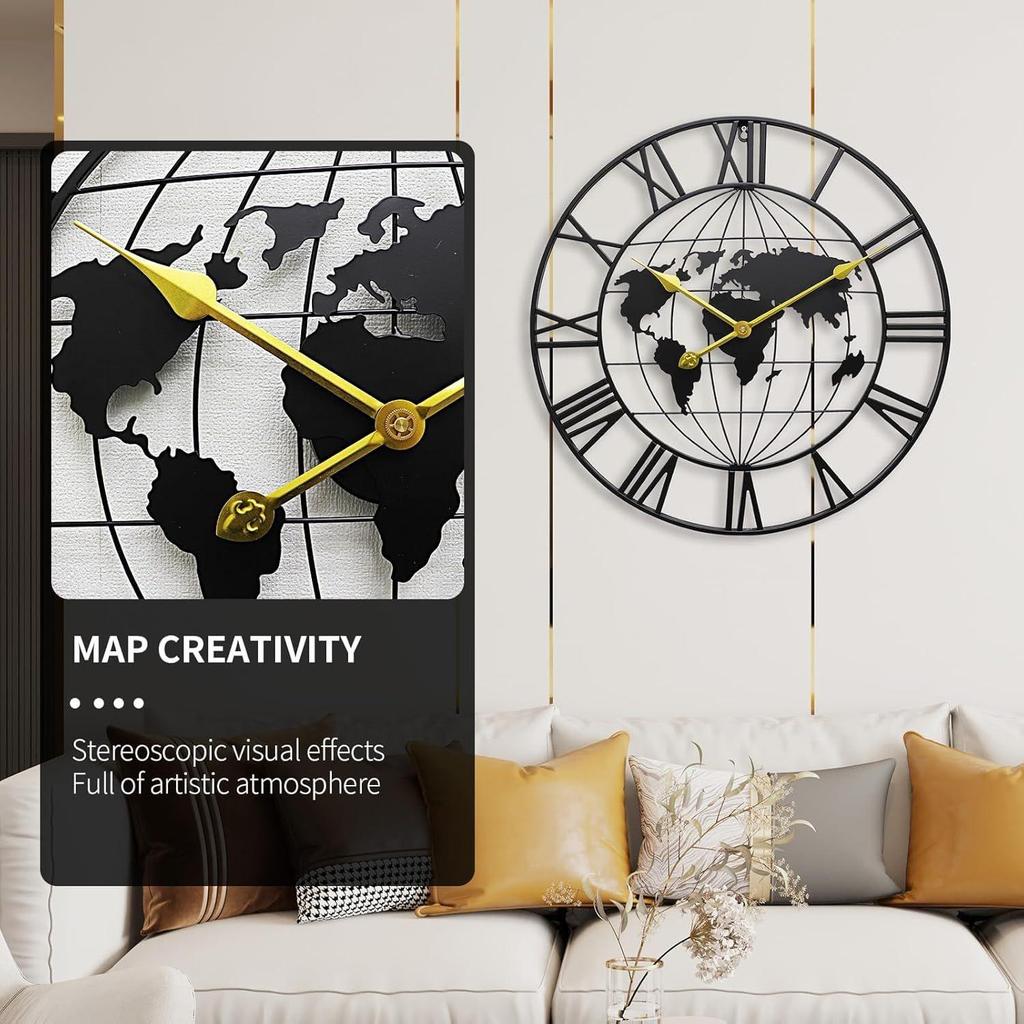 Large World Map Wall Clock, Metal Minimalist Modern Clock, Round Silent Non-Ticking Battery Operated Wall Clocks for Living Room/Home