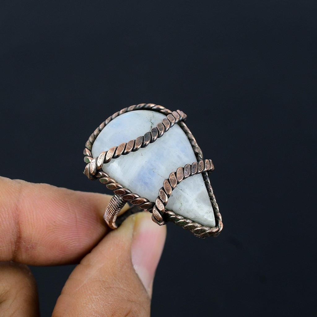 Moonstone Gemstone Copper Wire Wrapped Handmade Jewelry Ring All Size For Woman