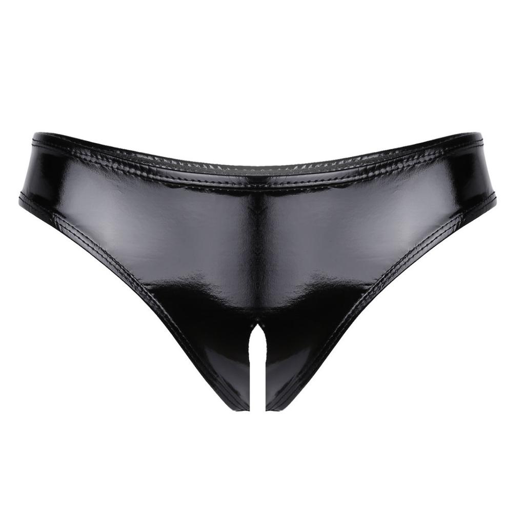 Adults Womens Open Crotch High Cut Thong Elastic Waistband Wet Look Patent Briefs Lingerie