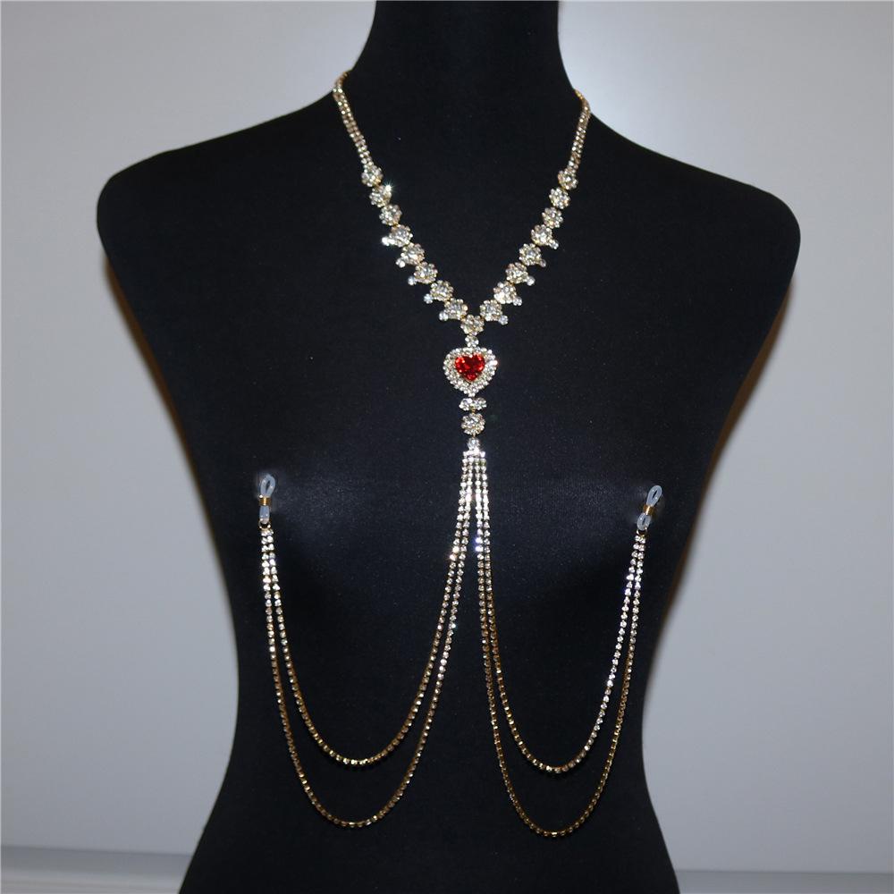 Super Sparkling Sexy Tassel Rhinestone Red Heart Shaped Nipple Chain Exaggerated Women's Crystal Fun Bikini Jewelry