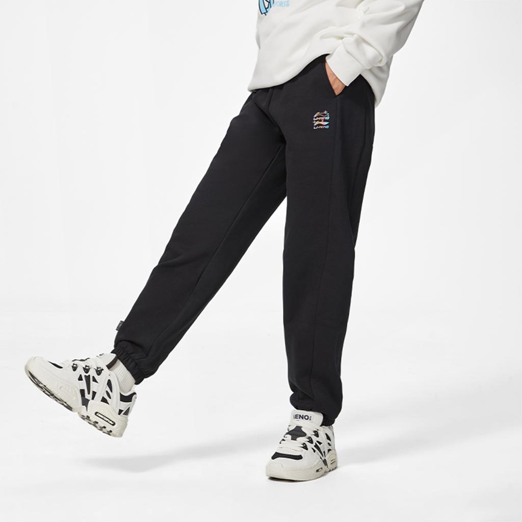 Li-Ning Удобные простые повседневные универсальные свободные трикотажные спортивные брюки женские низы черного цвета AKLU868-8