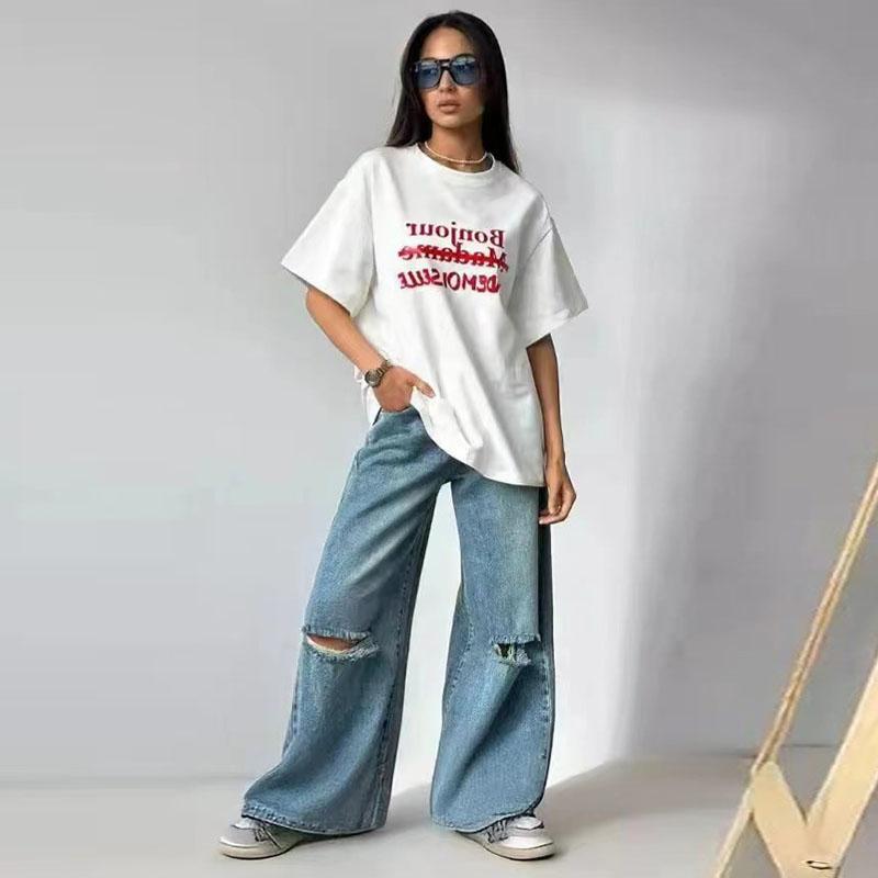 Футболка с принтом Simplicity Letter, хлопковая, женская, летняя, белая, свободная, с коротким рукавом и круглым вырезом, повседневная, базовая женская одежда