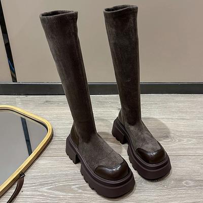 Модные высокие сапоги на платформе женские замшевые туфли на плоской подошве женские 2024 трендовые зимние дизайнерские туфли на среднем каблуке новые мотоциклетные сапоги трендовая женская обувь