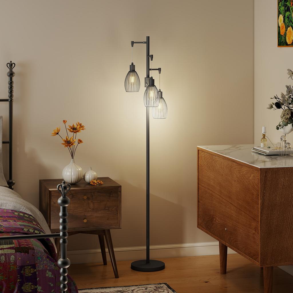 3-Light LED Floor Lamp, 170cm Industrial Dimmable Standing Lamp with Steel Wire Cage Lampshades, 2700K for Living Room, Bedroom, Dining Room, Study