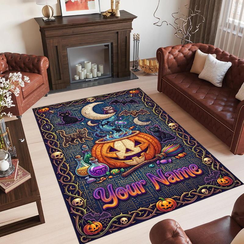 Halloween Theme Crystal Velvet Rug Personalized Custom Name Text Soft Floor Mat Home Decor