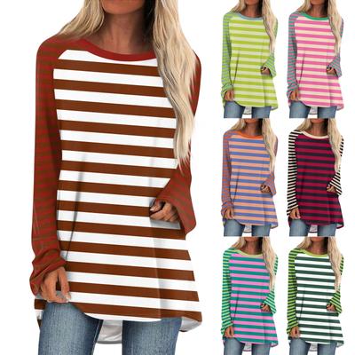 Женская мода повседневная спущенная линия плеча с длинным рукавом миди полосатый принт топ