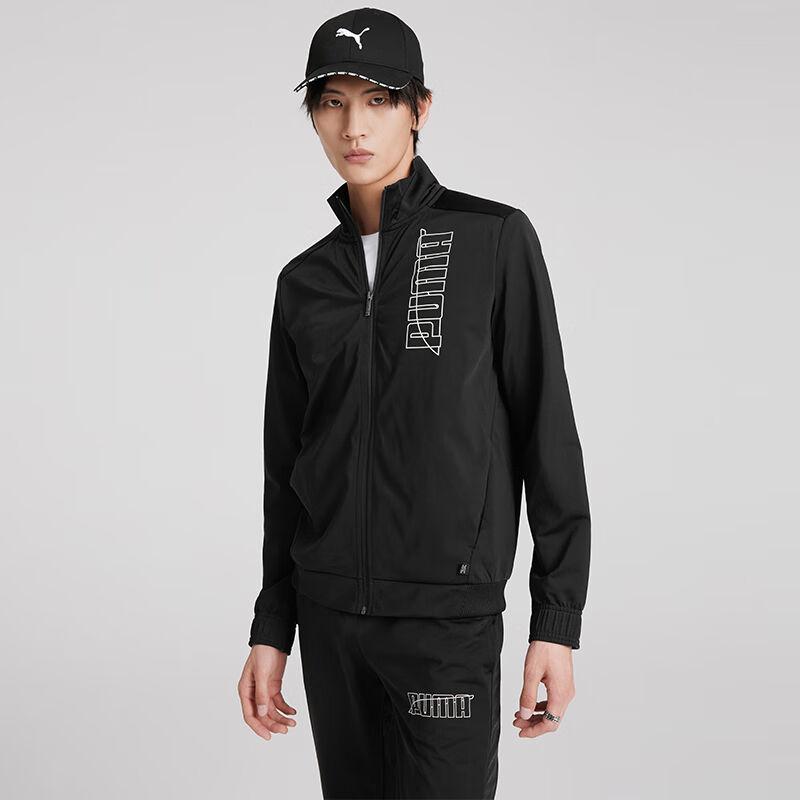 Puma Куртка с воротником-стойкой, застежкой-молнией и логотипом, однотонные эластичные манжеты, повседневные брюки, комплект из мужской куртки и брюк, черный цвет 585325-01