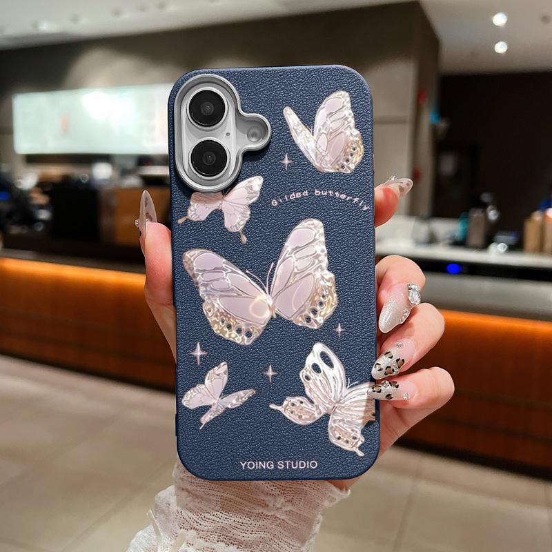 Тонкий мягкий чехол с рисунком бабочки и текстурой кожи для iPhone 16 Pro Max 15 14 Pro 13 12 11, матовая защита линз, противоударный чехол для телефона из ТПУ