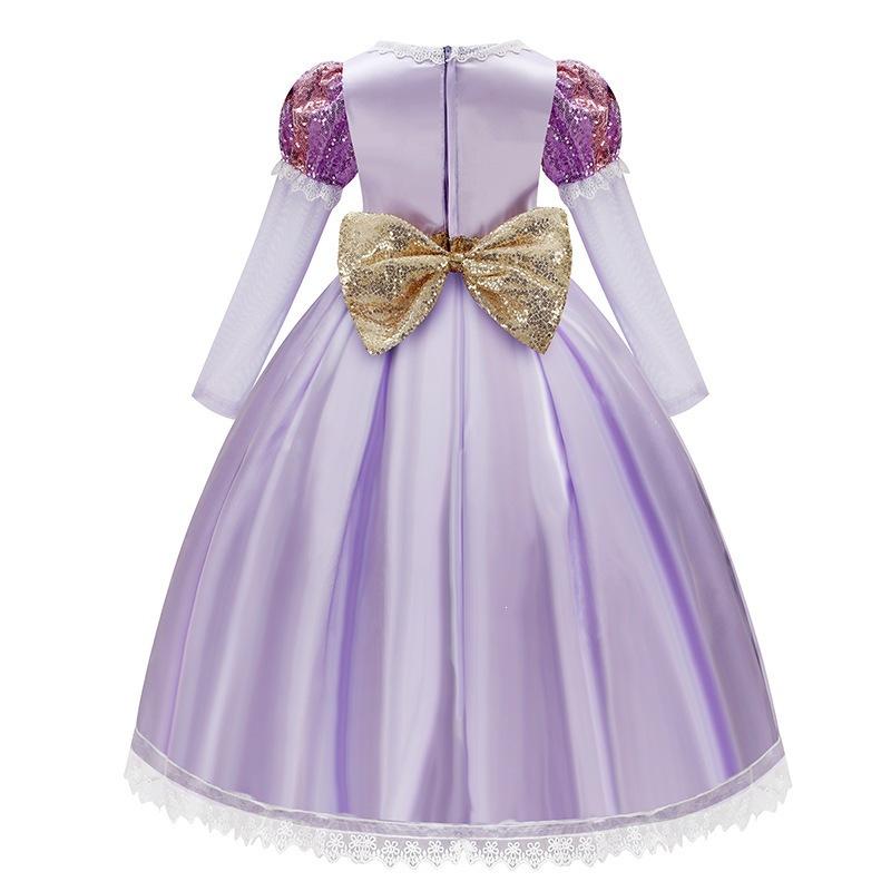 Purple Long Hair Princess Mesh Dress, Girls Halloween Fairytale Party Stage Gown