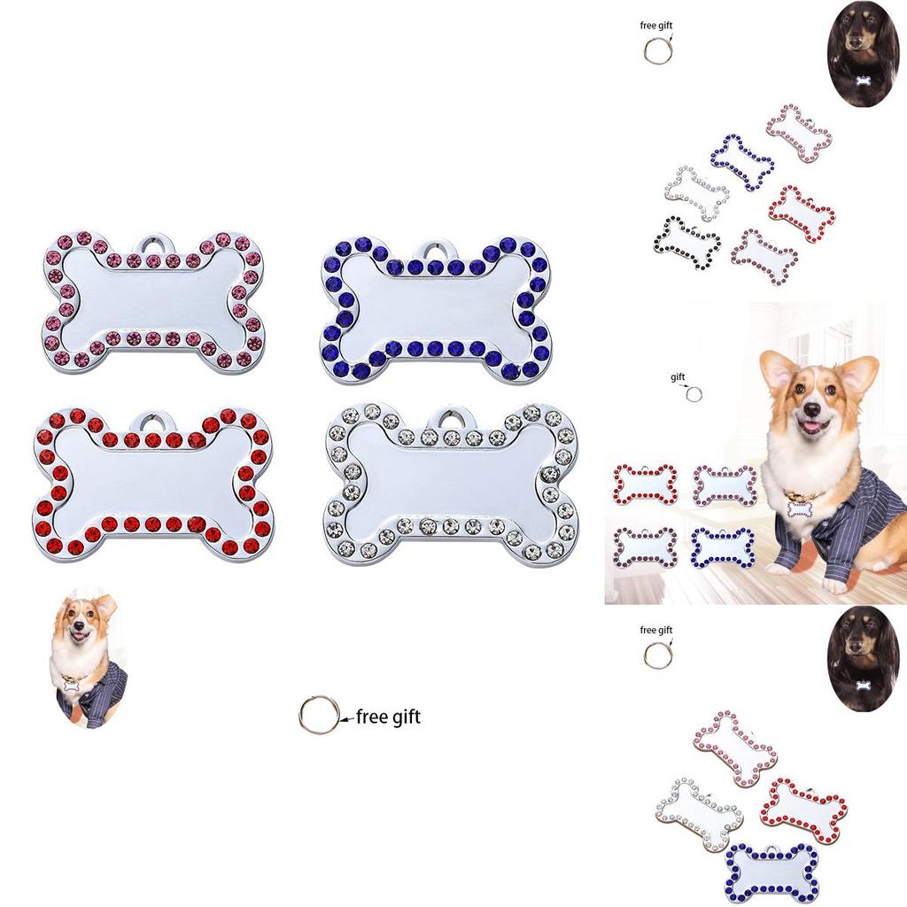 Pet Diamond Edge Dogs Tag Bone Shaped Anti Loss Jewelry Metal Pink Pendant Blue