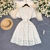 Summer Fairy Elegant Embroidery Flower Dress Women Chic Floral Short Sleeve Beige Lace Up Midi Princess Birthday Party Dresses