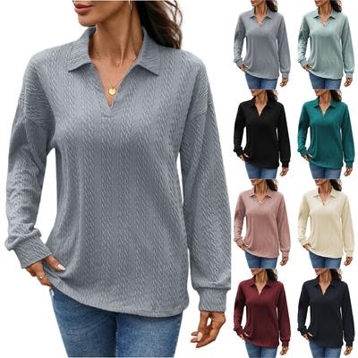 Женская мода повседневная однотонная с лацканами свободная футболка с длинным рукавом топ