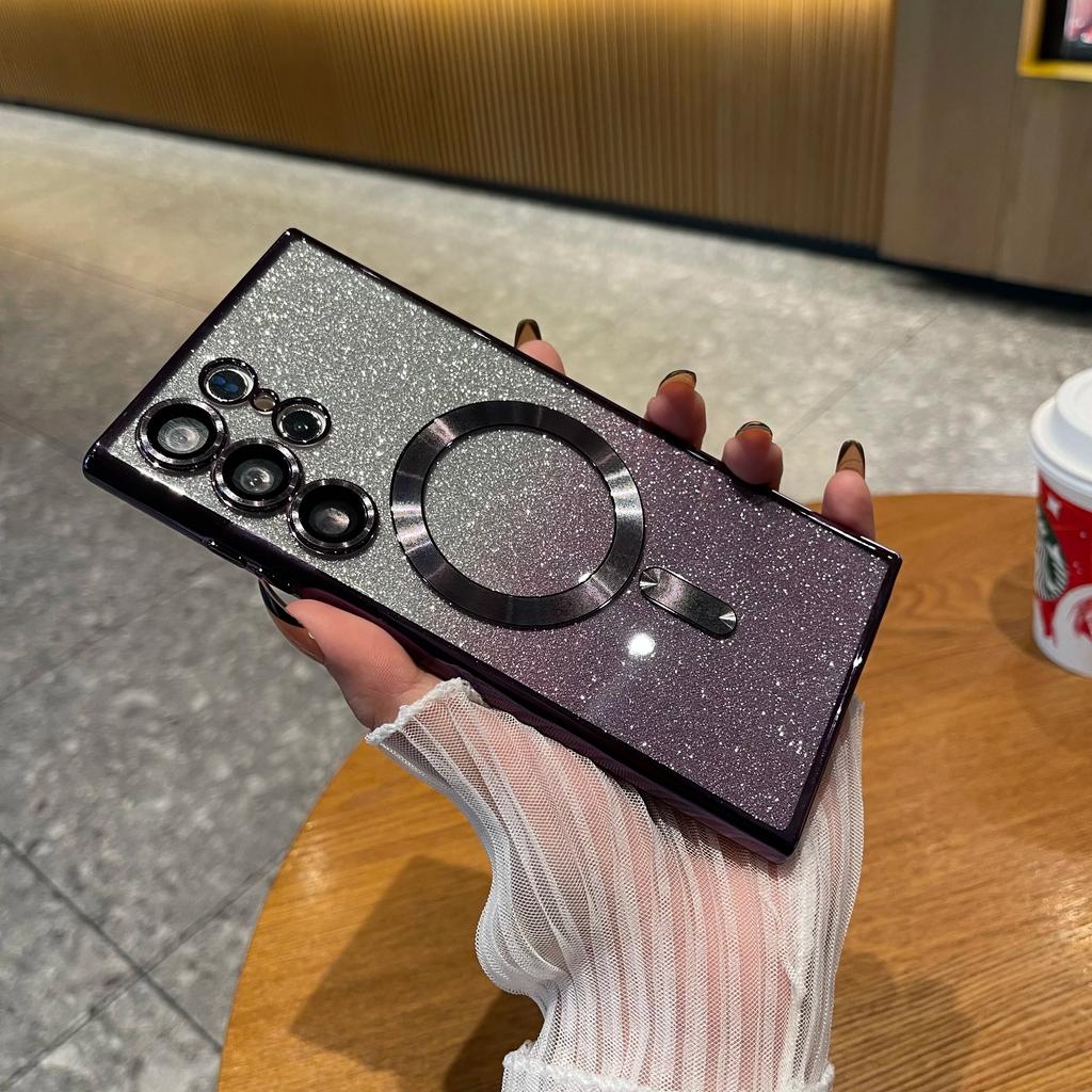 Роскошный блестящий чехол с беспроводной зарядкой для Samsung Galaxy S24 S23 S22 S21 Ultra Plus, магнитный чехол MagSafe Allround, чехол для камеры, чехол