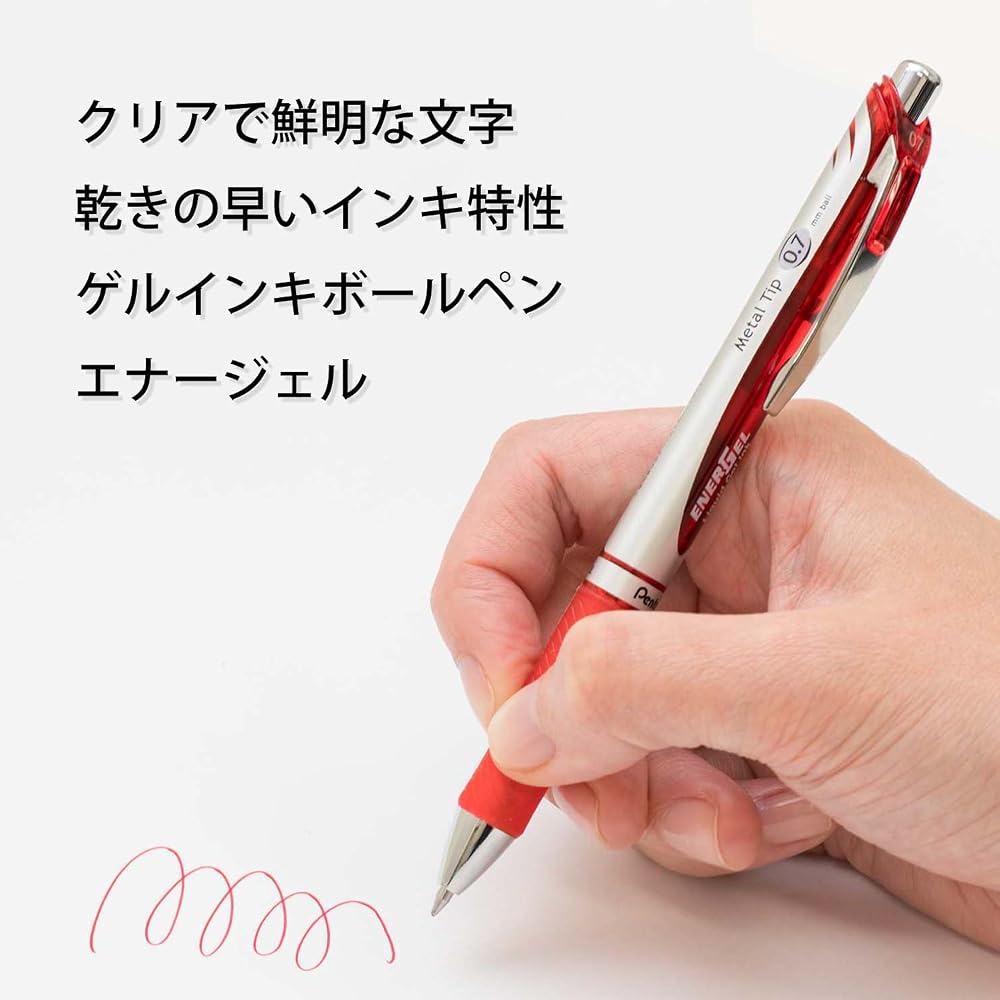 Шариковая ручка Pentel, гелевые чернила, гелевая, нажимной механизм, 0,7 мм, серебристый корпус, BL77-B, Красный, 10 шт.