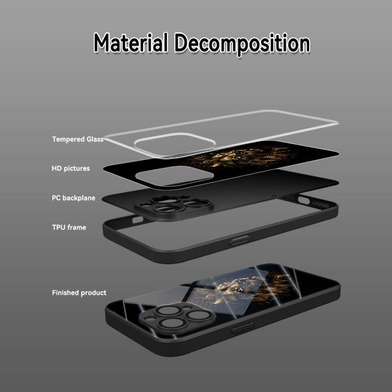 Черный Арт Тренд Узор Голова Льва Закаленное Стекло Чехол Для Телефона Для iPhone 17 16 15 Pro Max 14 13 12 11 17Air 7 8 Plus XR XS X Чехол