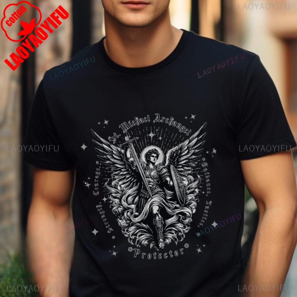 St Michael Archangel Tshirt Catholic Vintage ClipArt Gifts Shirt Retro Church Clothing Devotional Men Women Cotton Tee Tops