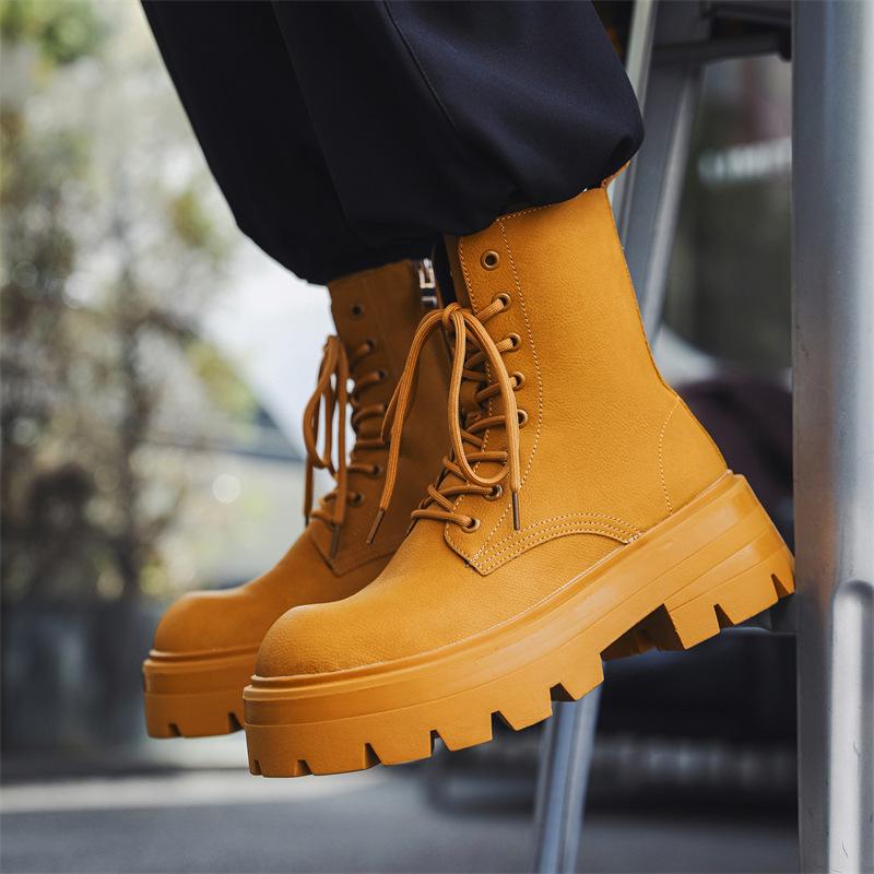 Men Fashion High Motorcycle Boots Lace-up Platform Shoes Punk Rock Dress Genuine Leather Boot Designer Cool Long Botas Masculina