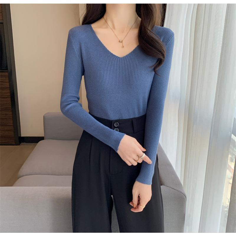 Новый V-образный вырез, облегающий, универсальный, короткий, однотонный, с длинными рукавами, свитер, вязаный снизу, свитер для женщин