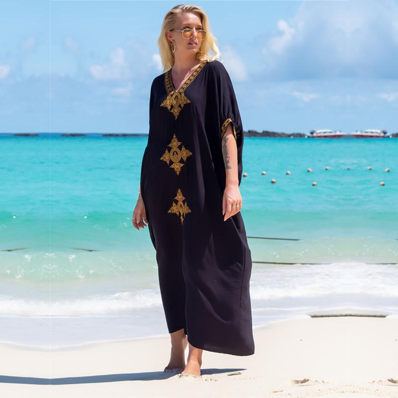 2022 элегантное золотое вышитое кафтан в стиле ретро с v-образным вырезом белое платье больших размеров женская одежда летняя пляжная одежда купальный костюм накидка