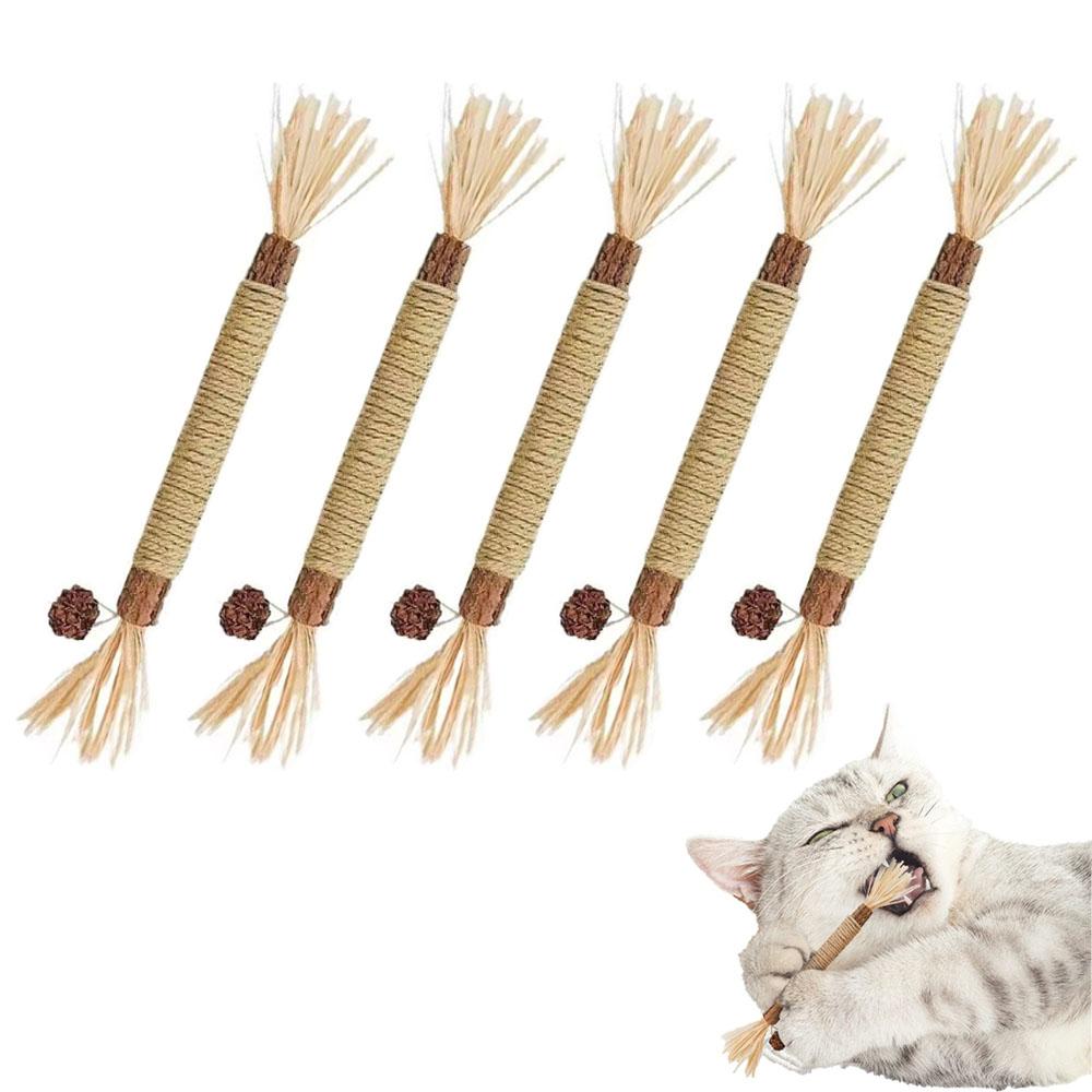 5 PCS Natural Silvervine Sticks for Cats, Raffia Matatabi Cat Chew Toys for Teeth Cleaning, Edible Dental Molar Sticks for Kitten Hairball Relief