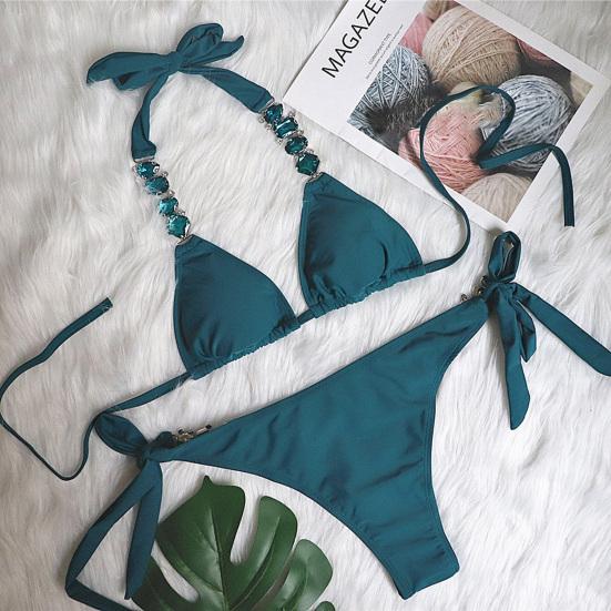 2 шт./компл., бикини со стразами, металлическая цепочка, чистый цвет, сексуальные регулируемые купальники для плавания