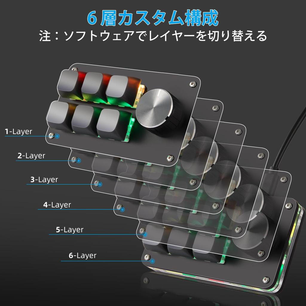 Koolertron Устройство для левой руки, Макро-клавиатура, Программируемая клавиатура, 6 клавиш, 1 ручка, Назначаемая макро-функция, Проводное подключение, RGB