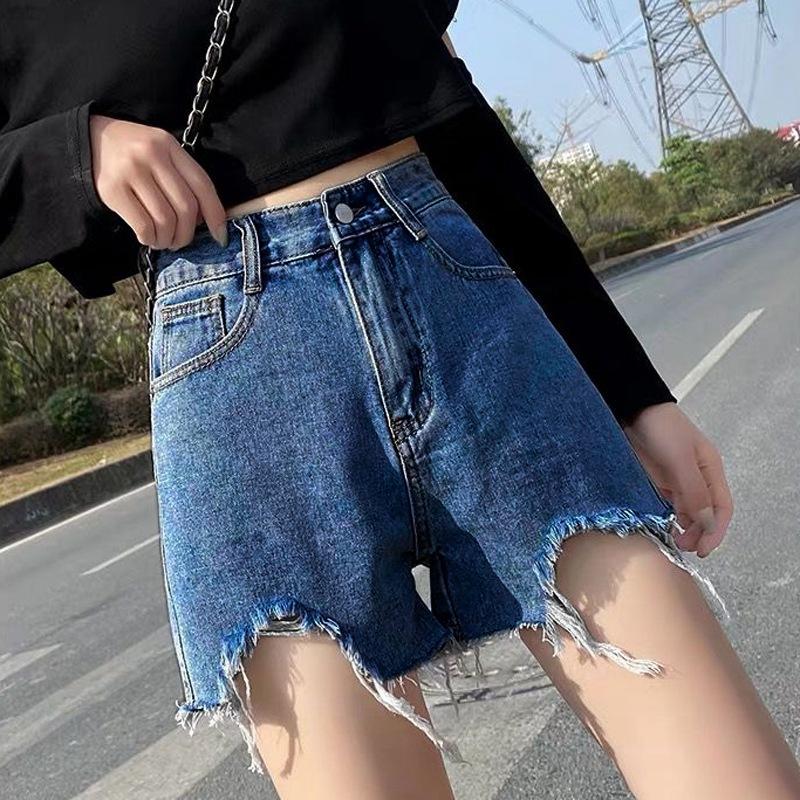 Classic and Minimalist Fashion Versatile Broken Holes Female Summer Light-colored High-waisted Thin Ragged Loose Wide-legged A Word Denim Shorts