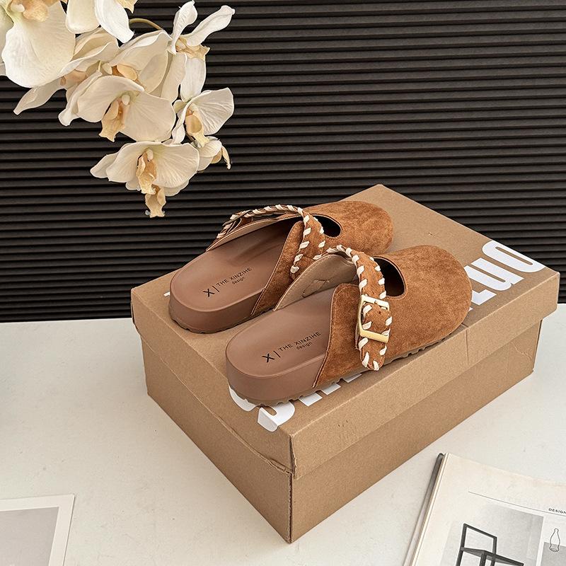 Half Slippers Women's Outer Wear Spring and Summer New Belt Buckle Bag Head Lazy One Pedal Slippers Platform Shoes