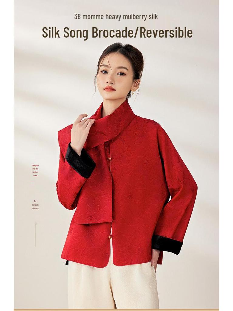 38mm Heavyweight Mulberry Silk Jacquard Long Sleeve Jacket - New Chinese Style, Double-Sided Autumn Wear for Women