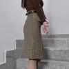 Шерстяная клетчатая юбка, женские юбки средней длины с высокой талией и карманами, разрезом, женские корейские модные одношаговые шикарные юбки Faldas